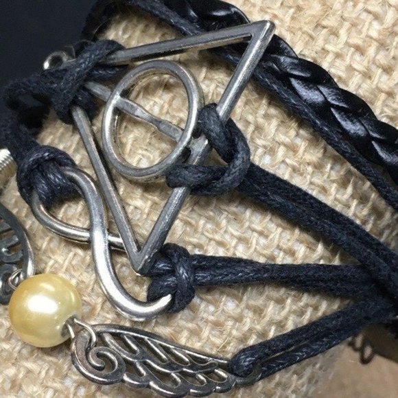 Jewelry Harry Potter Bracelet Deathly Hallows Black Leather Quidditch